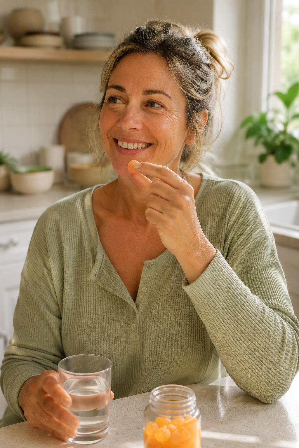 woman taking a collagen gummy