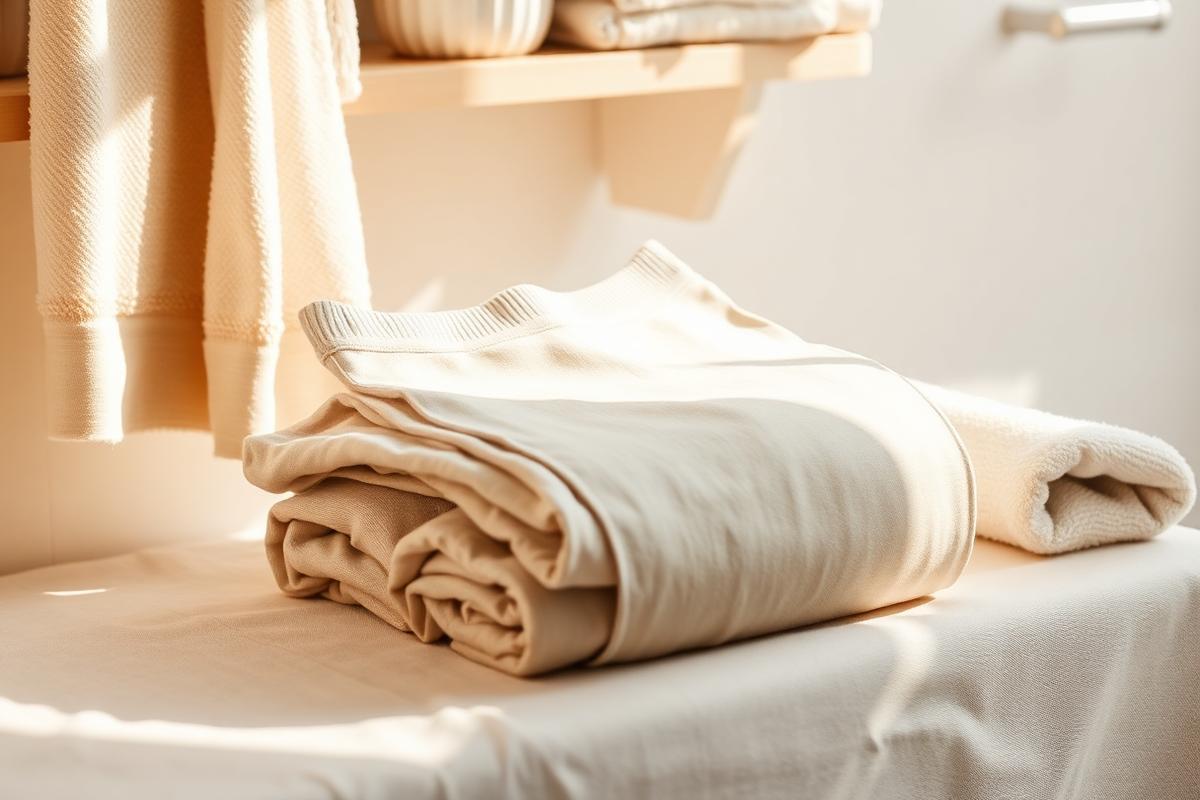 folded cotton underwear and towels on a sunlit shelf